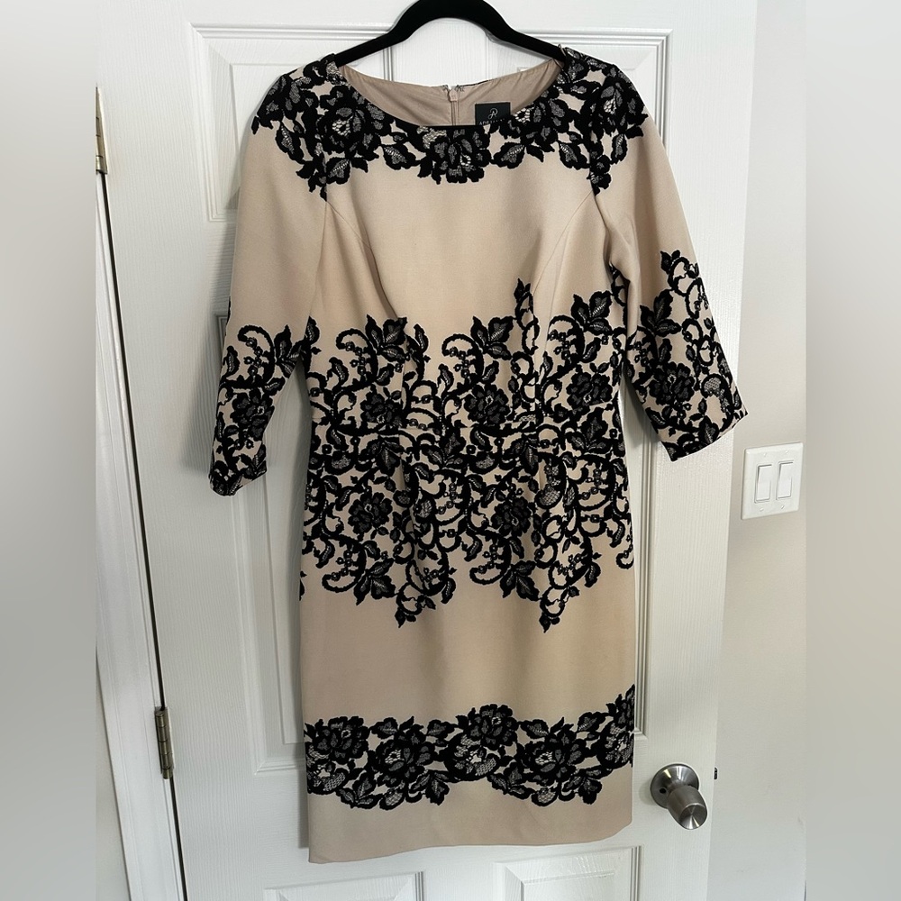 Adrianna Papell Black and Cream Floral Lace Dress